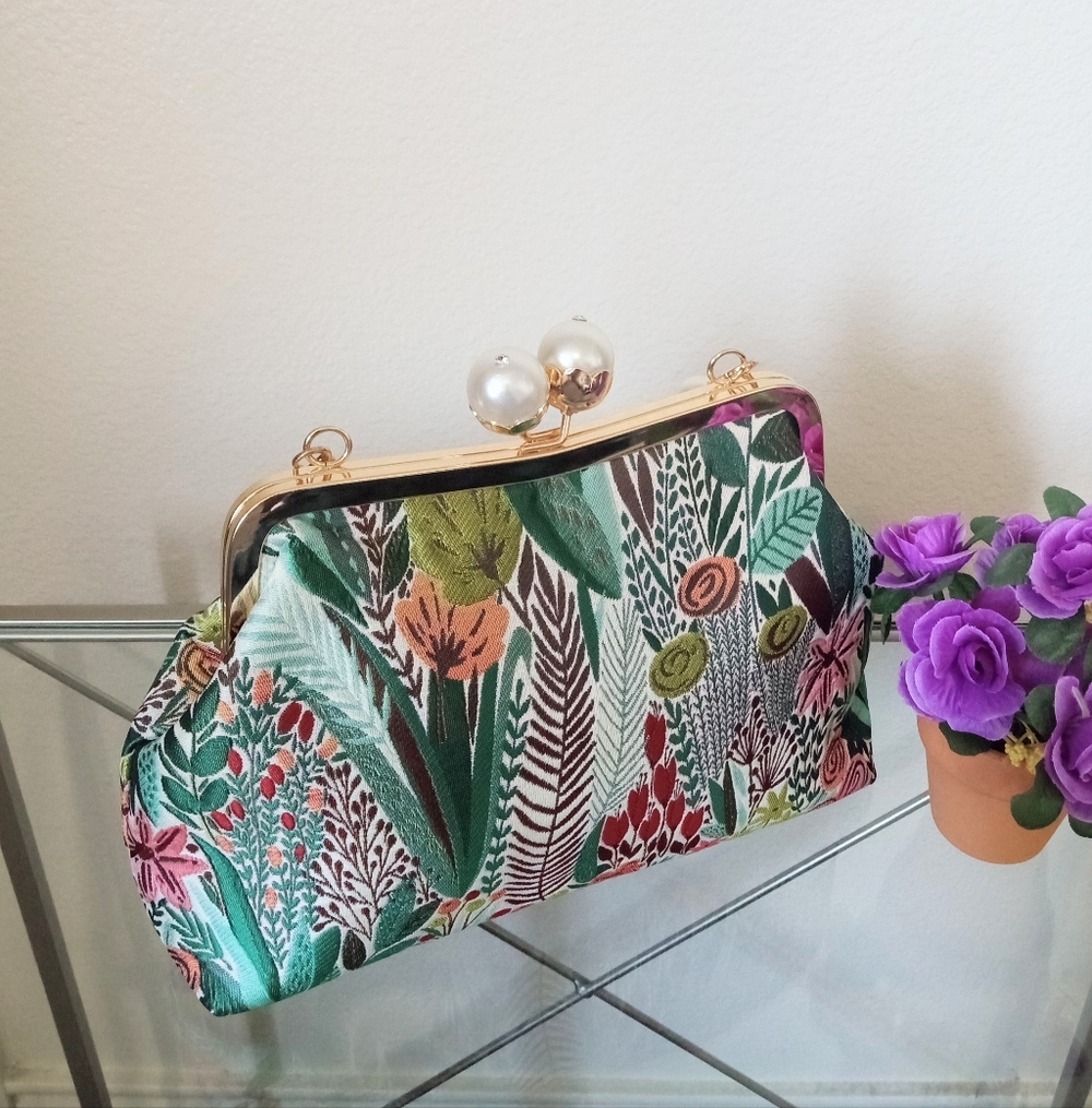 Floral Embroidered Kisslock Pearl Clutch Handbag Vintage Style Women's Purse - Picture 6 of 8